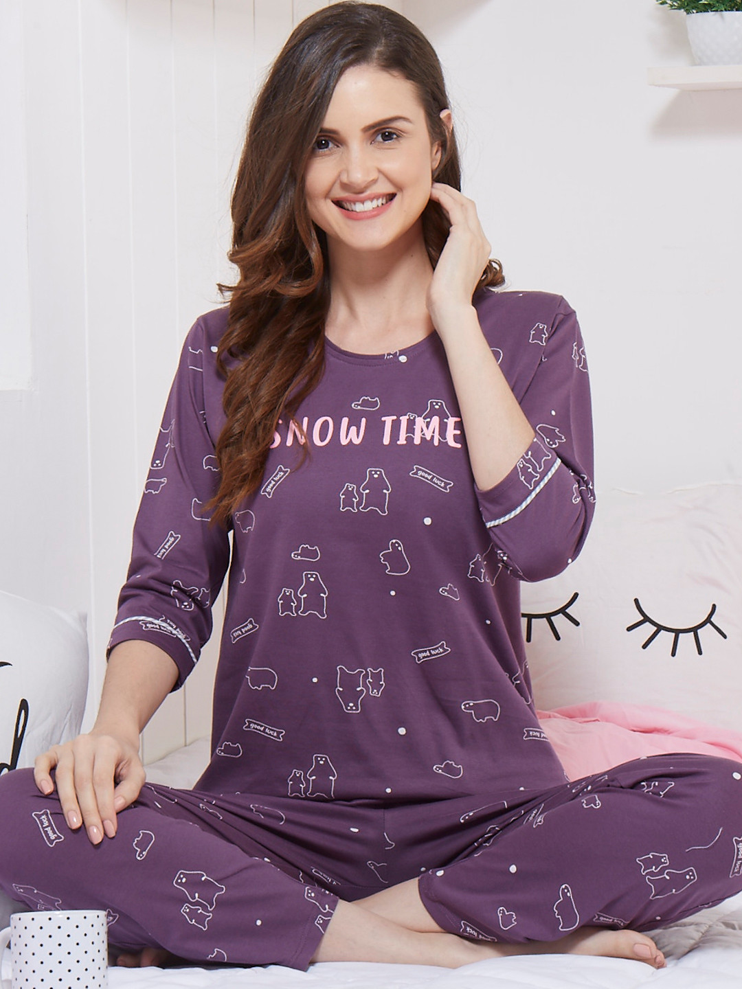 

Zeyo Conversational Printed Pure Cotton Night Suit, Purple