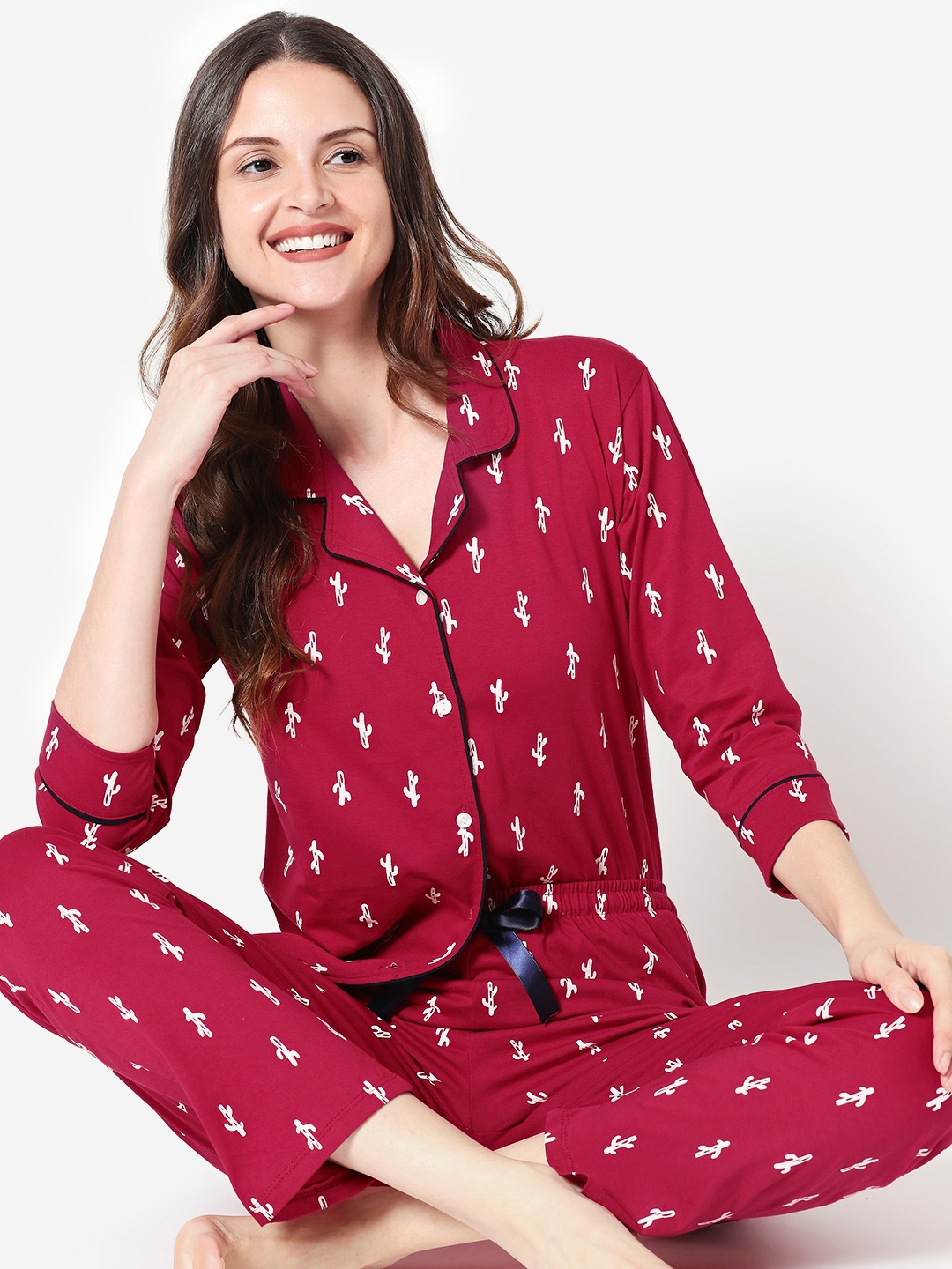 

Zeyo Graphic Printed Pure Cotton Night Suit, Red