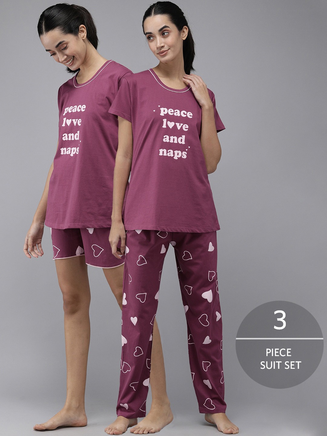 

Zeyo Women Printed Pure Cotton Top With Pajama, Short, Purple