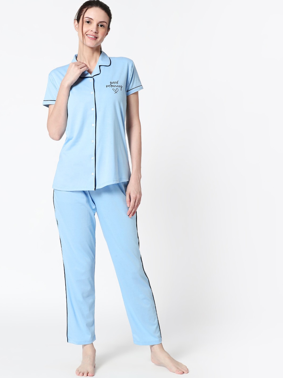 

Zeyo Lapel Collar Pure Cotton Night Suit, Blue
