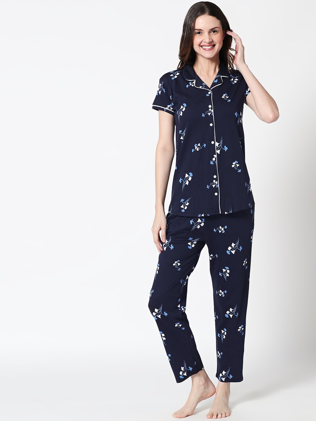 

Zeyo Floral Printed Pure Cotton Night Suit, Navy blue