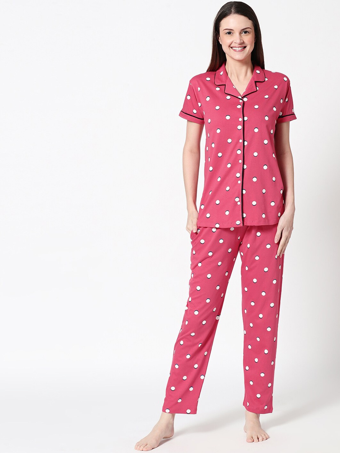 

Zeyo Polka Dots Printed Pure Cotton Night Suit, Pink