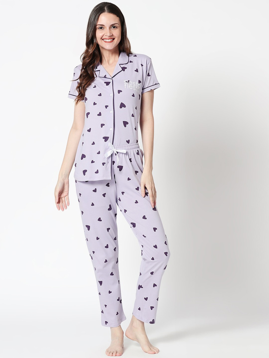 

Zeyo Conversational Printed Pure Cotton Night Suit, Purple