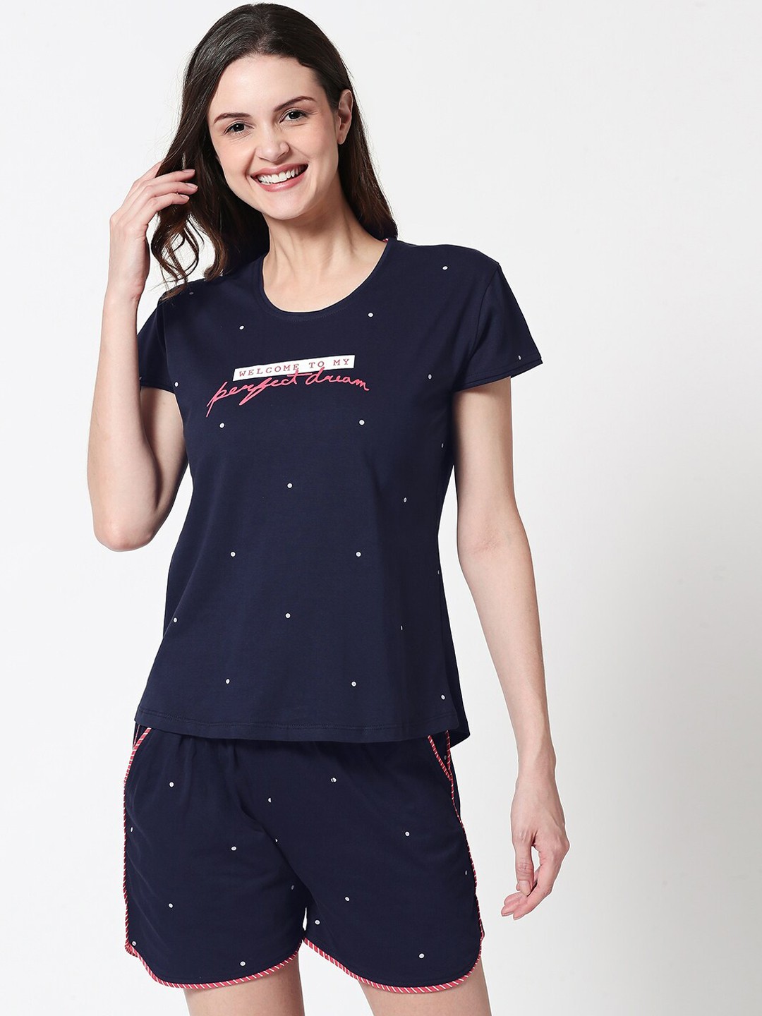 

Zeyo Polka Dots Printed Pure Cotton Night Suit, Navy blue