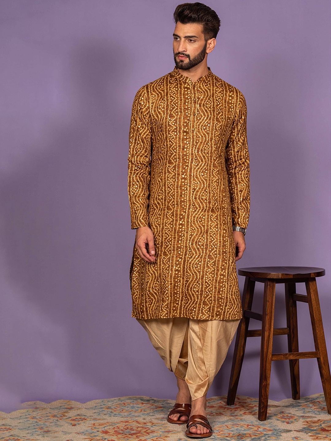 

KISAH Bandhani Printed Mandarin Collar Straight Kurta, Mustard