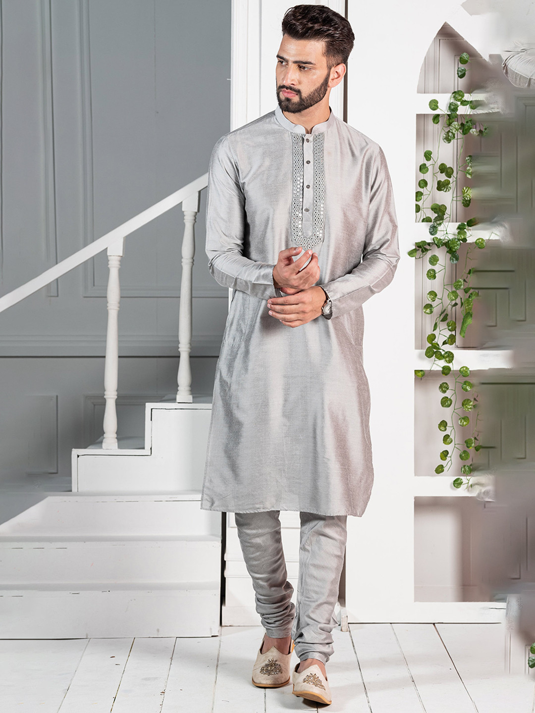 

KISAH Mandarin Collar Cotton Regular Kurta, Grey