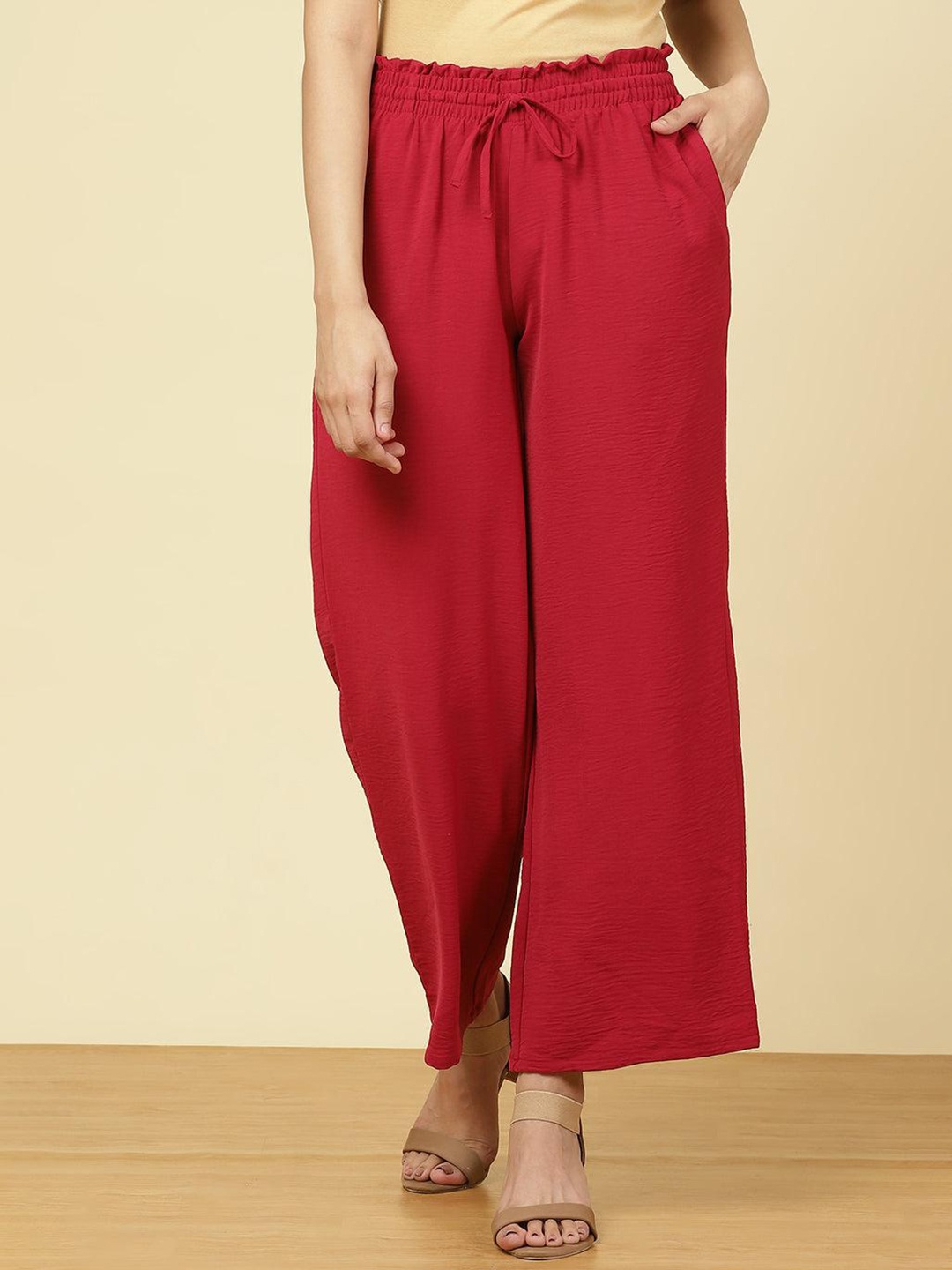 

Lakshita Women Relaxed Loose Fit Easy Wash Parallel Trousers, Red
