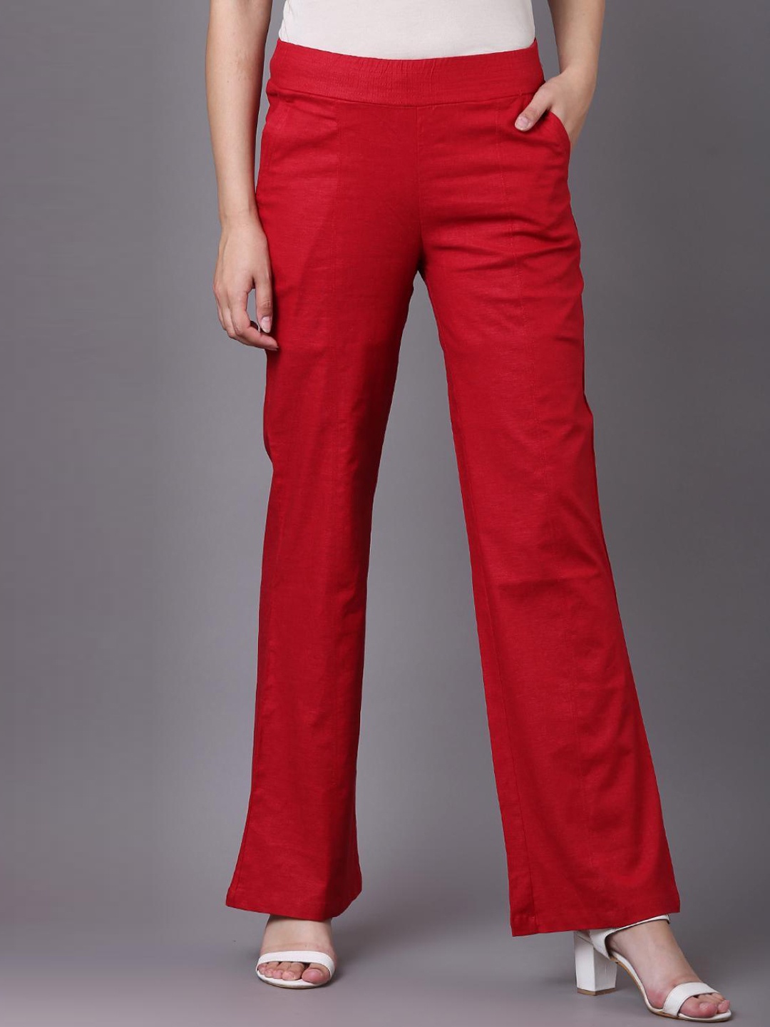 

Lakshita Women Relaxed Flared Easy Wash Bootcut Trousers, Red