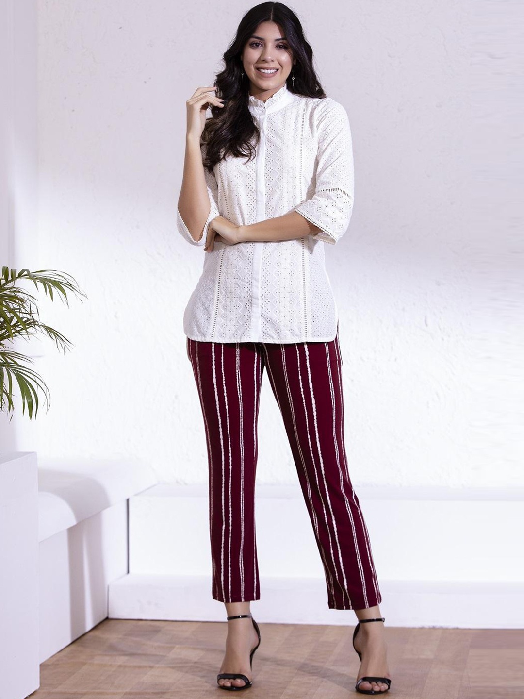 

Lakshita Women Striped Smart Straight Fit Easy Wash Trousers, Maroon