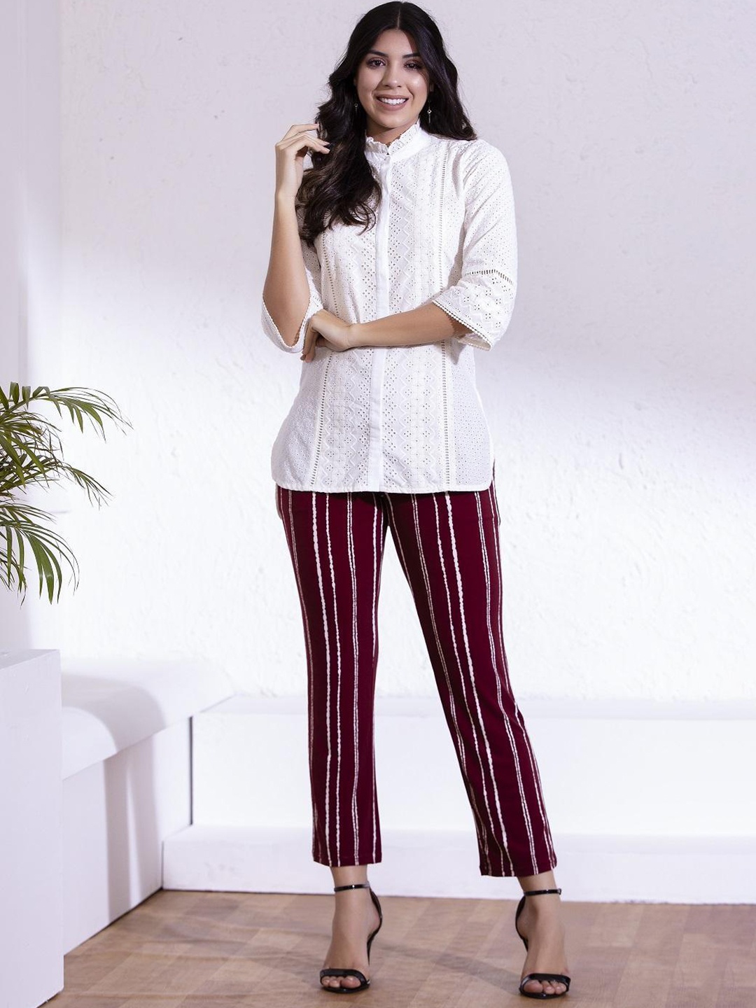 

Lakshita Women Striped Smart Straight Fit Easy Wash Trousers, Maroon