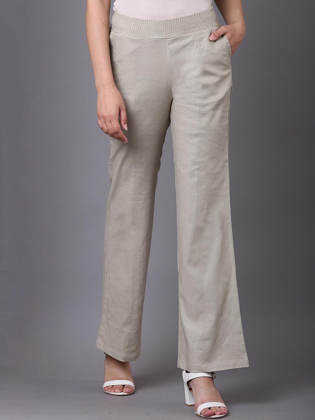 

Lakshita Women Relaxed Flared Easy Wash Mid-Rise Trousers, Grey