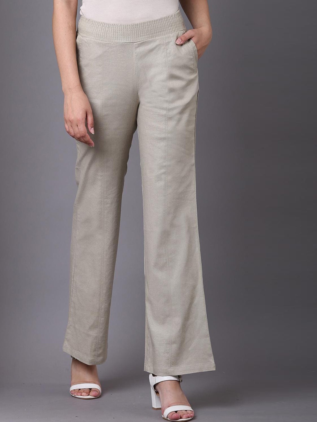 

Lakshita Women Relaxed Flared Easy Wash Mid-Rise Bootcut Trousers, Grey