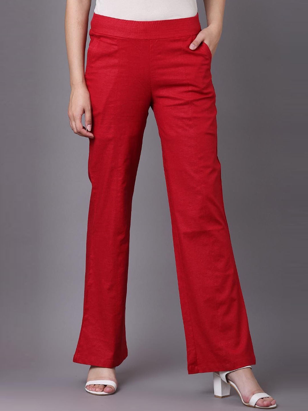 

Lakshita Women Relaxed Flared Easy Wash Mid-Rise Parallel Trousers, Red