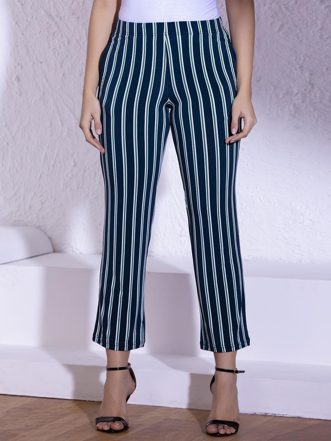 

Lakshita Women Striped Smart Straight Fit Easy Wash Trousers, Teal
