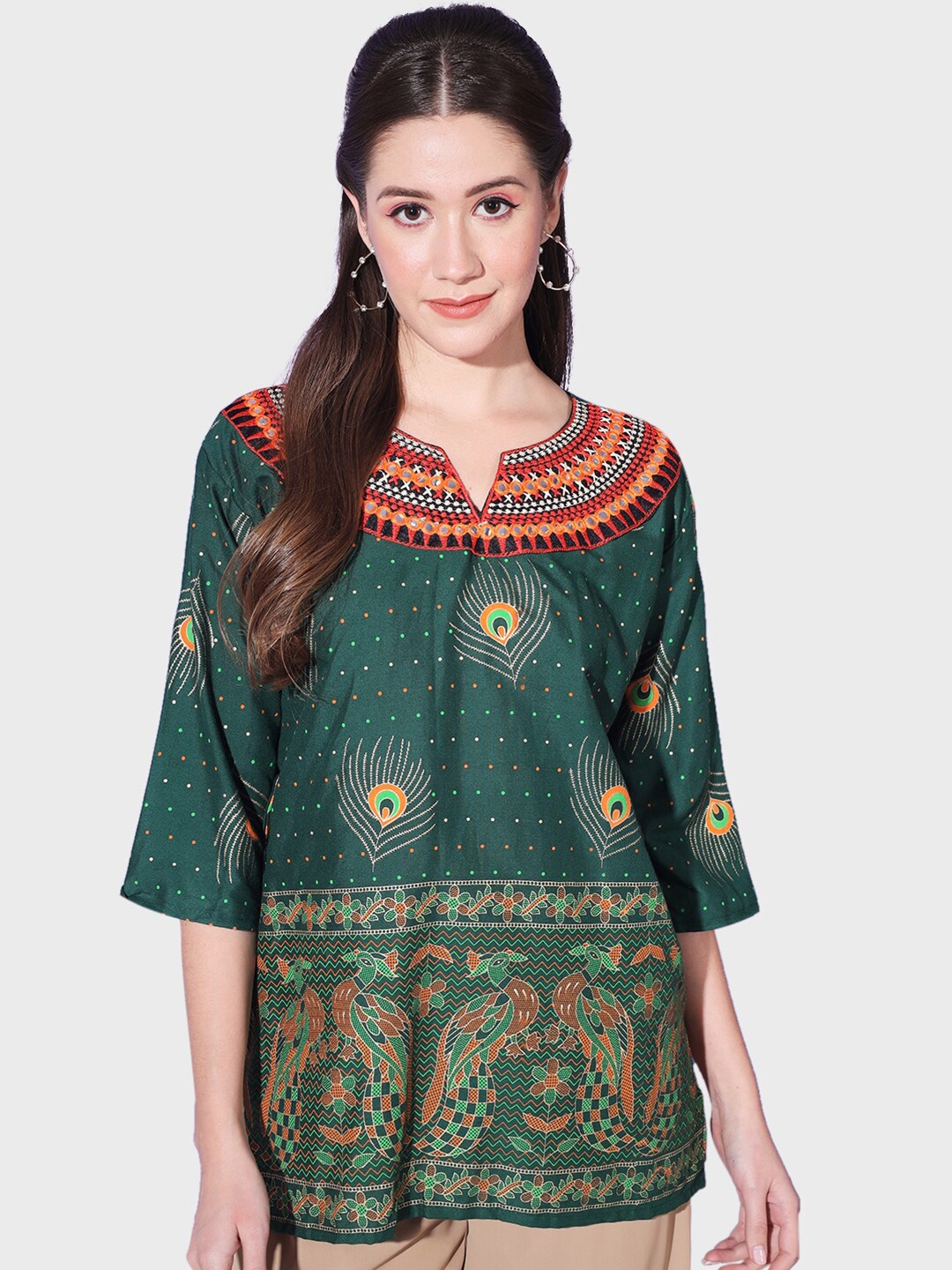 

BUY NEW TREND Ethnic Motifs Printed Mirror Work Notched Neck Kurti, Green