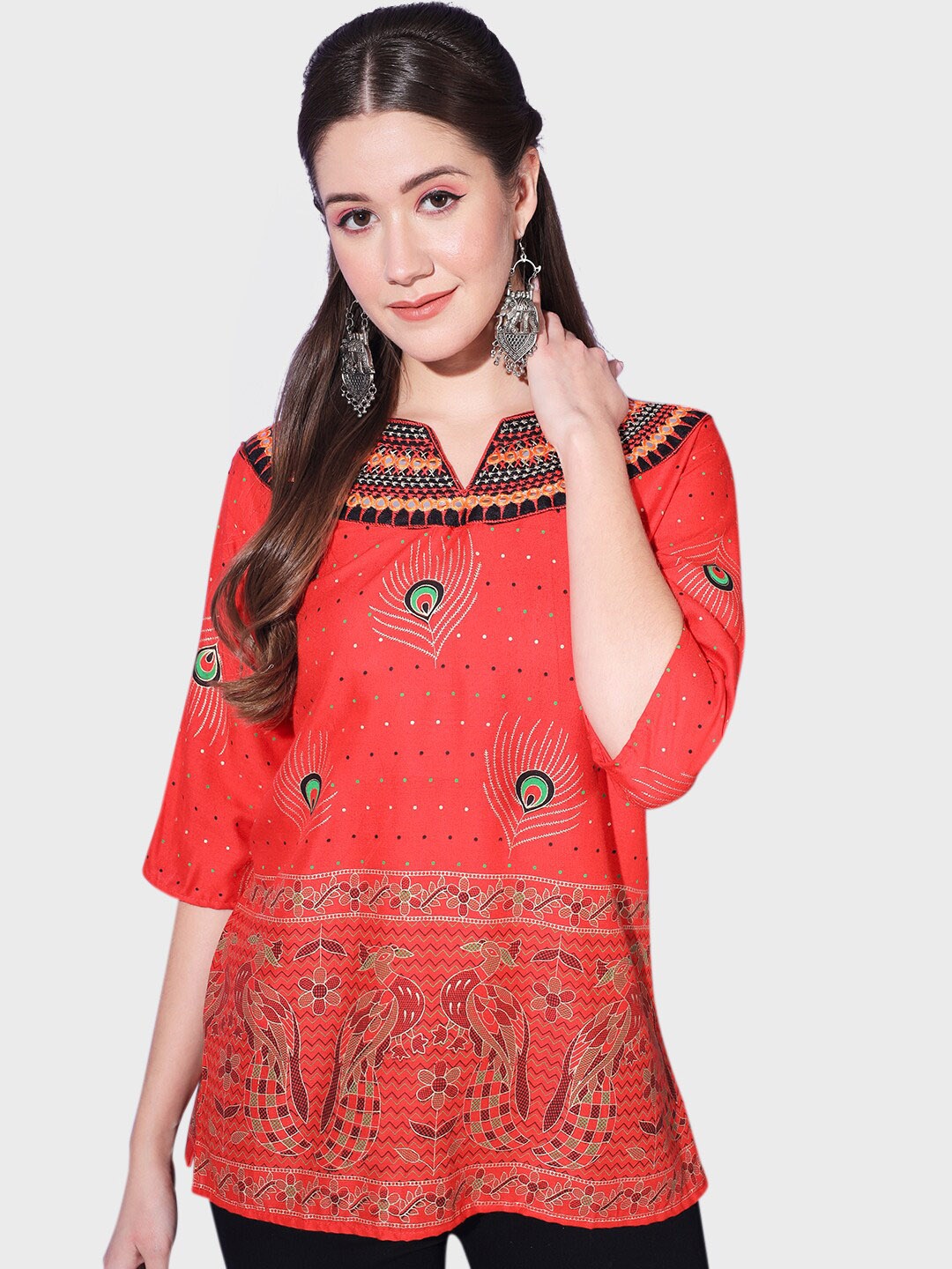 

BUY NEW TREND Ethnic Motifs Printed Mirror Work Straight Kurti, Red