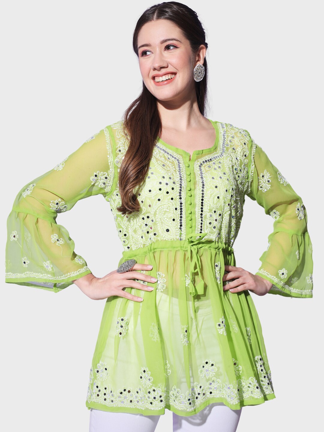 

BUY NEW TREND Floral Embroidered Sequins Georgette Kurti, Green