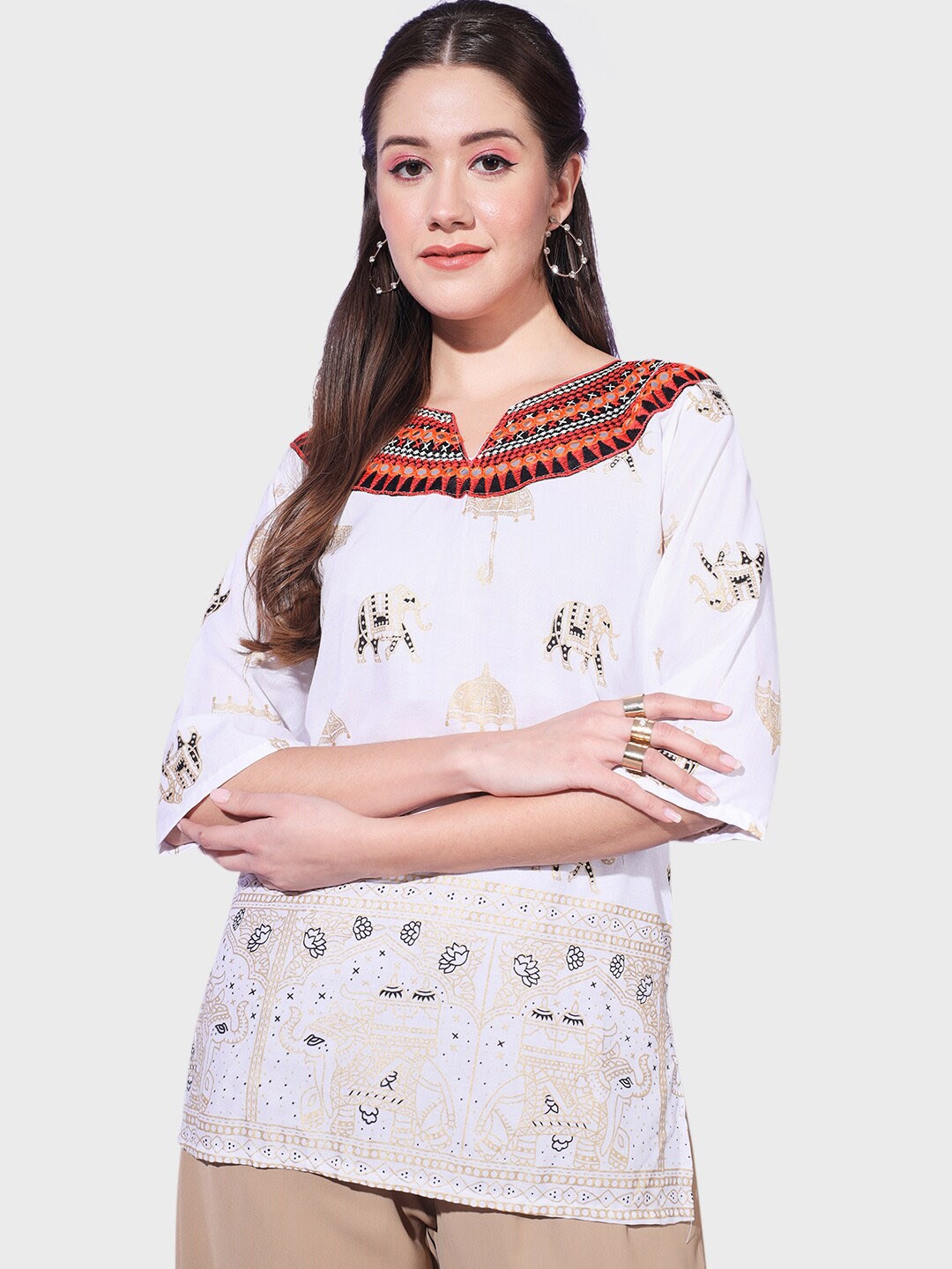 

BUY NEW TREND Ethnic Motifs Printed Mirror Work Straight Kurti, White