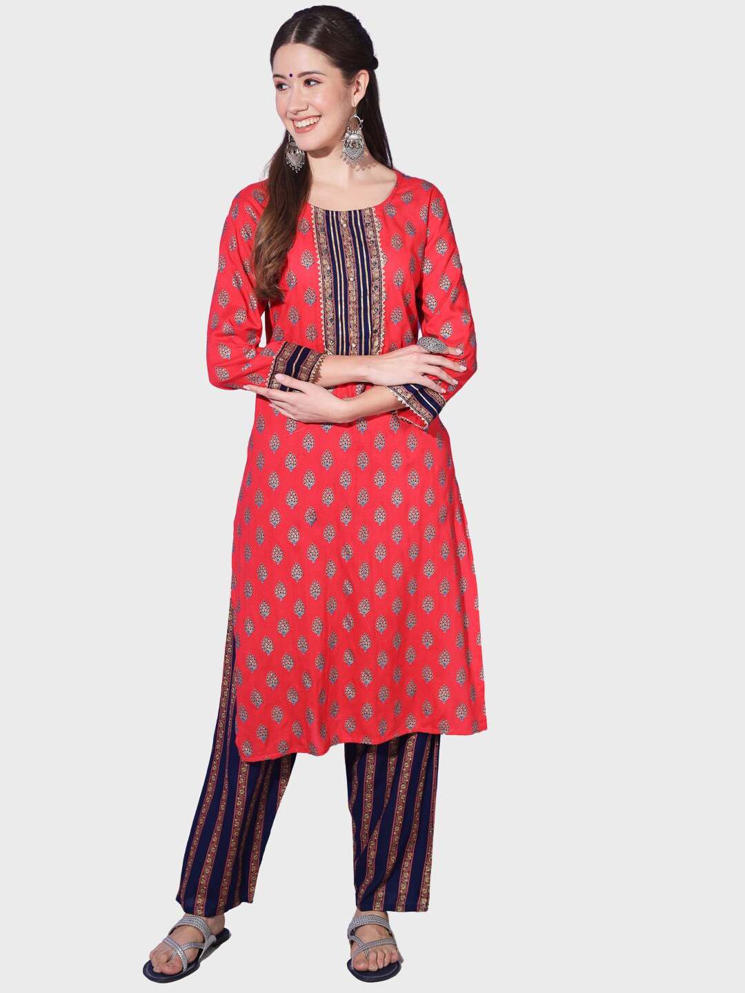 

BUY NEW TREND Ethnic Motifs Printed Mirror Work Kurta with Trousers, Red