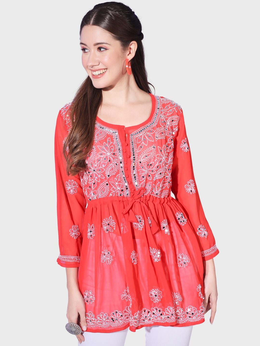 

BUY NEW TREND Ethnic Motifs Embroidered Chikankari Mirror Work Georgette Kurti, Red