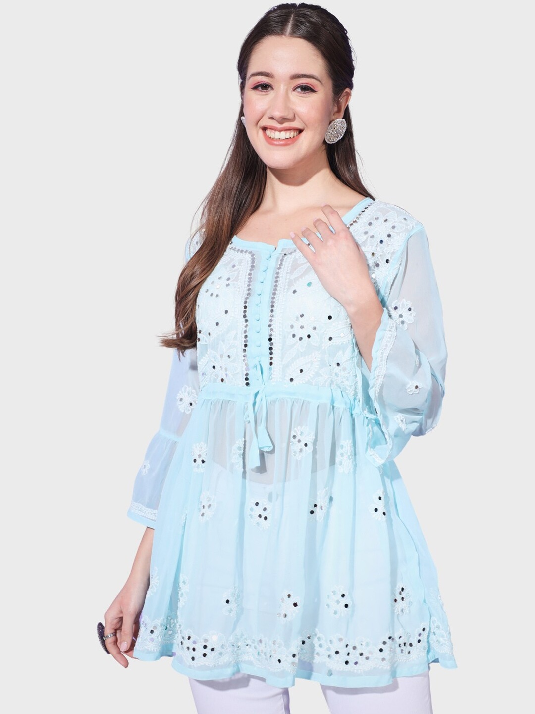 

BUY NEW TREND Floral Embroidered Notched Neck Mirror Work A-Line Kurti, Turquoise blue