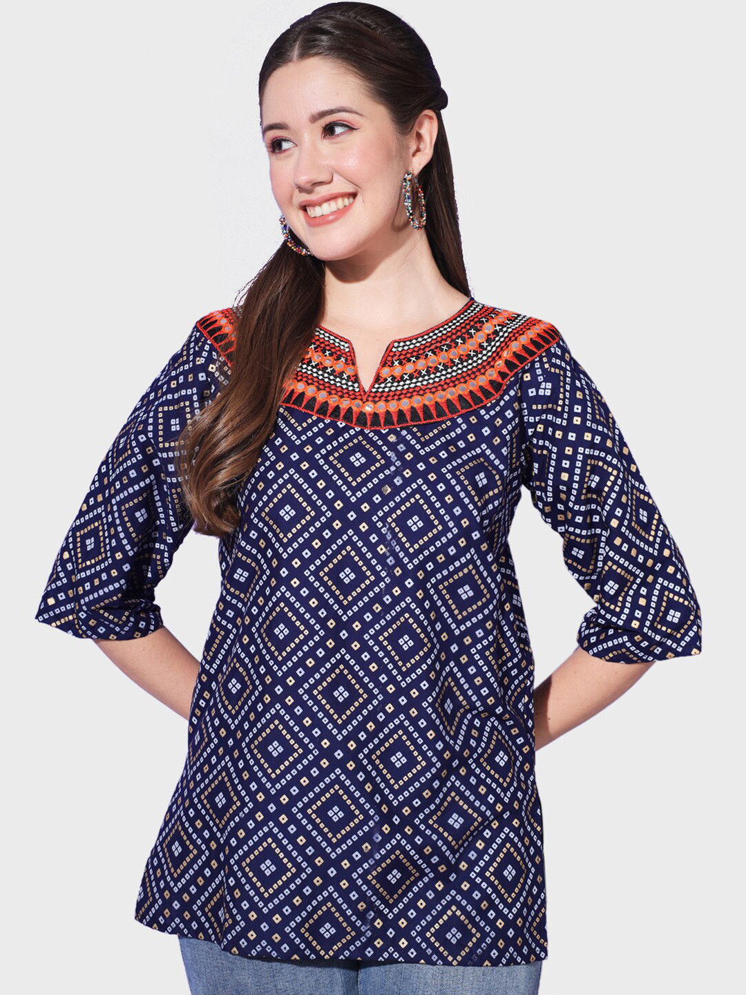 

BUY NEW TREND Bandhani Printed Notched Neck Mirror Work Kurti, Navy blue