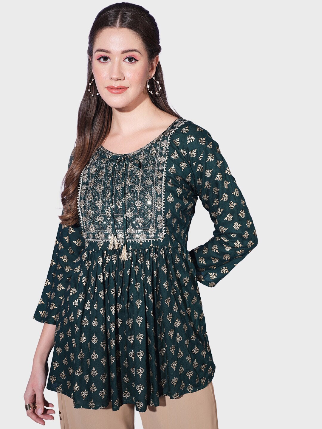 

BUY NEW TREND Ethnic Motifs Printed Mirror Work Pure Cotton A-Line Kurti, Green