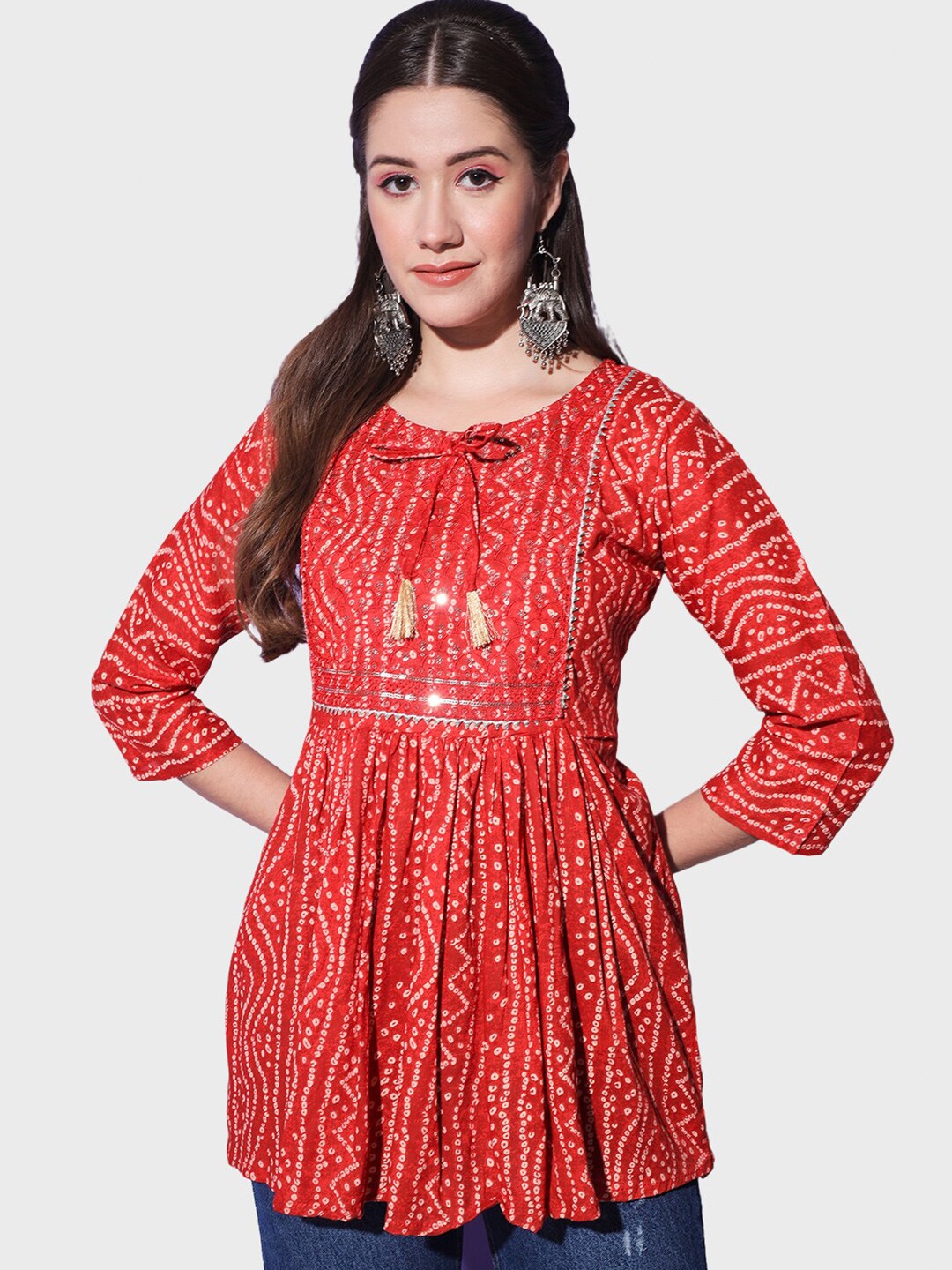 

BUY NEW TREND Bandhani Printed Sequinned Pure Cotton A-Line Kurti, Red