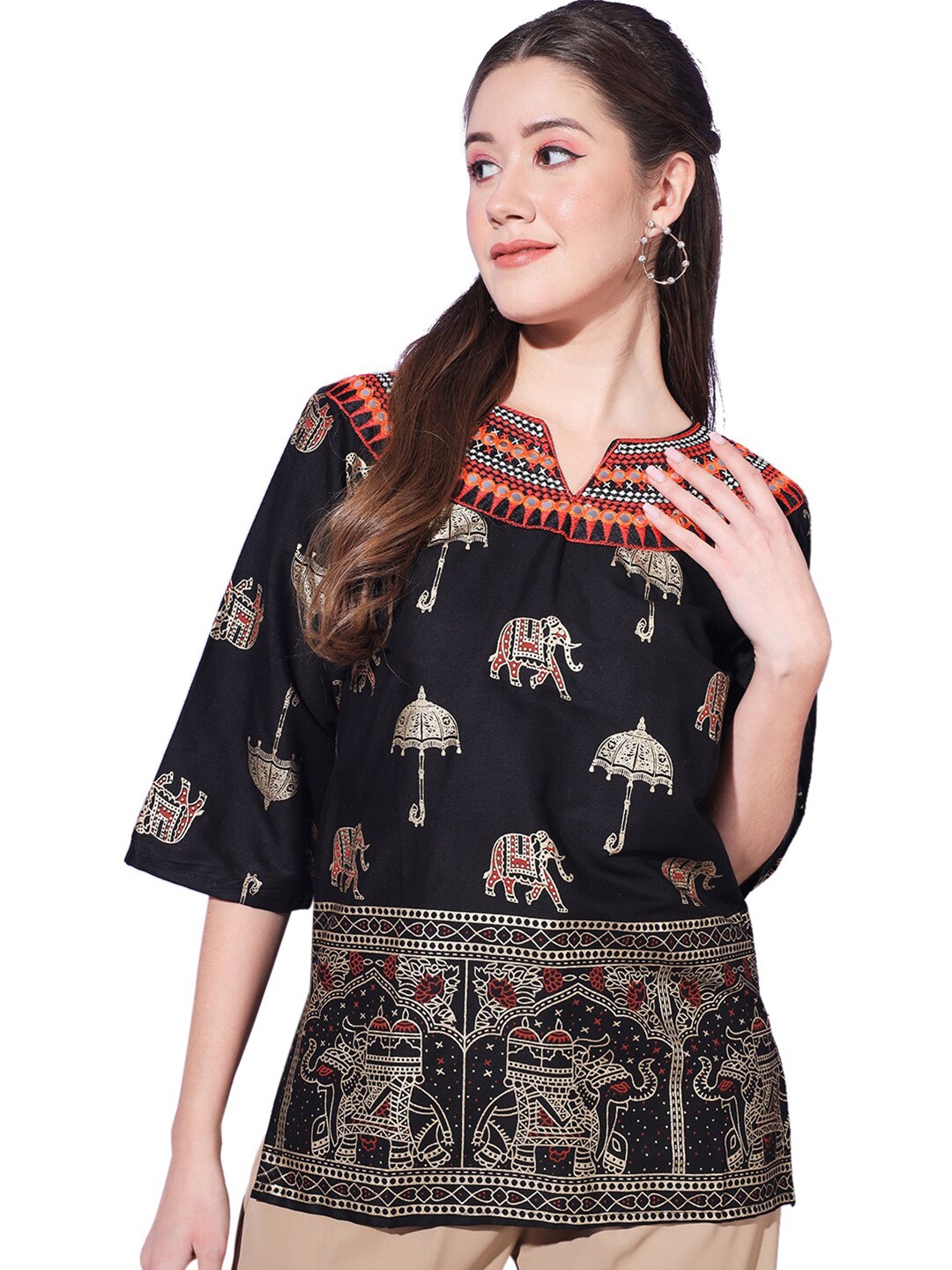 

BUY NEW TREND Ethnic Motif Printed Notched Neck Mirror Work Kurti, Black