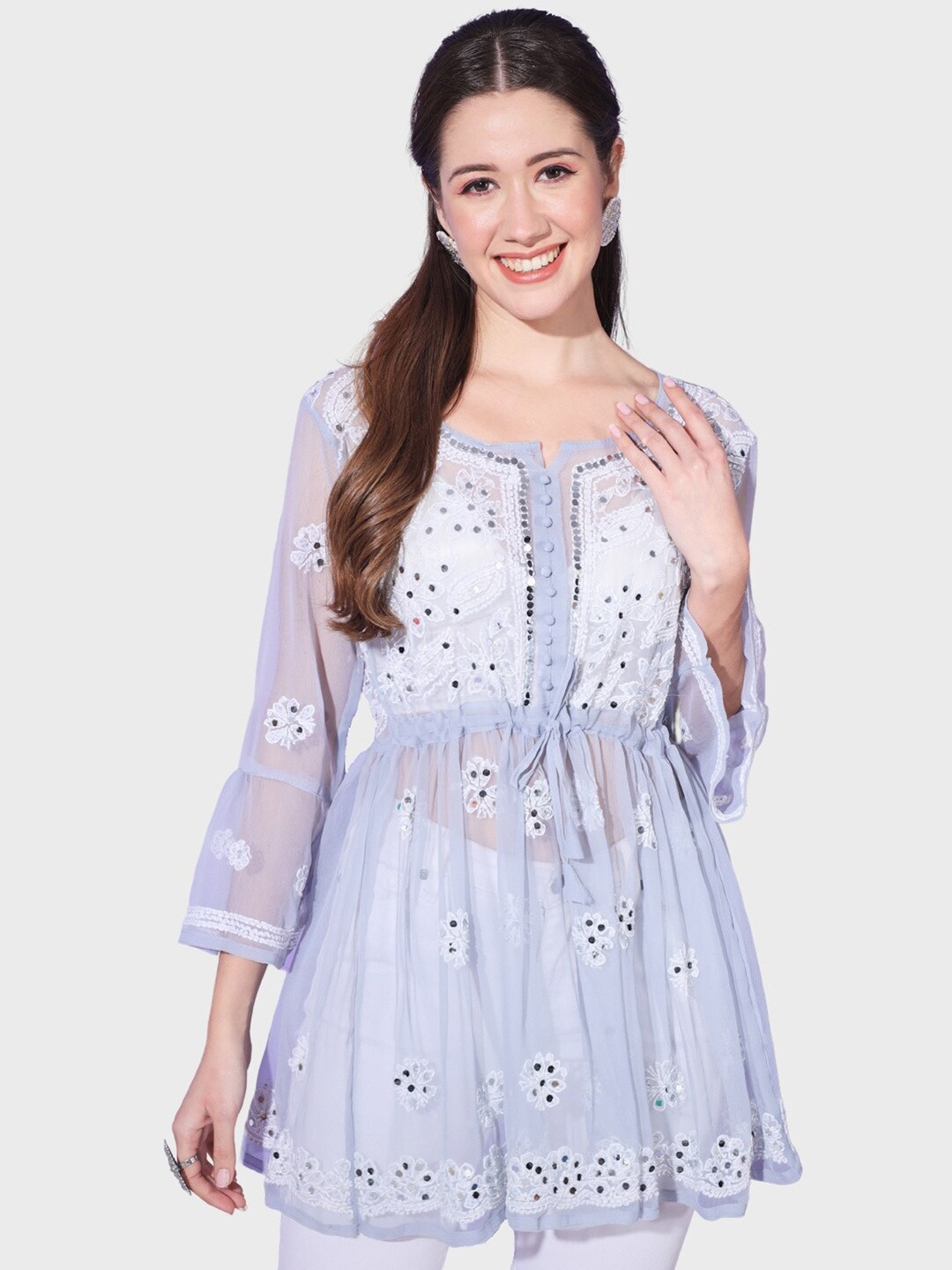 

BUY NEW TREND Floral Embroidered Notched Neck Mirror Work A-Line Kurti, Lavender