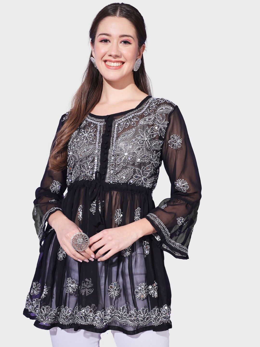 

BUY NEW TREND Ethnic Motifs Embroidered Chickankari Georgette Kurti, Black