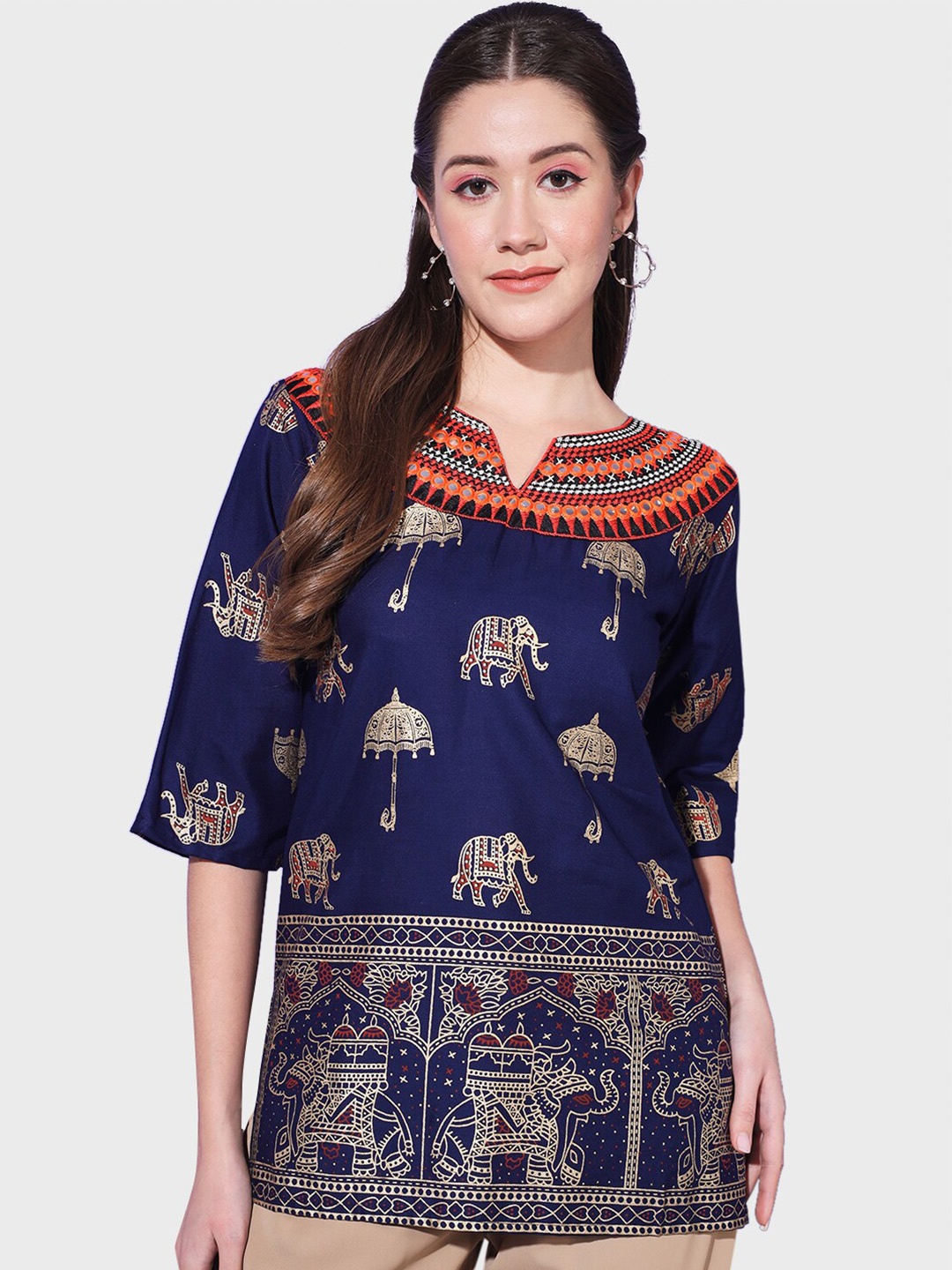

BUY NEW TREND Ethnic Motifs Printed Notched Neck Mirror Work Kurti, Navy blue