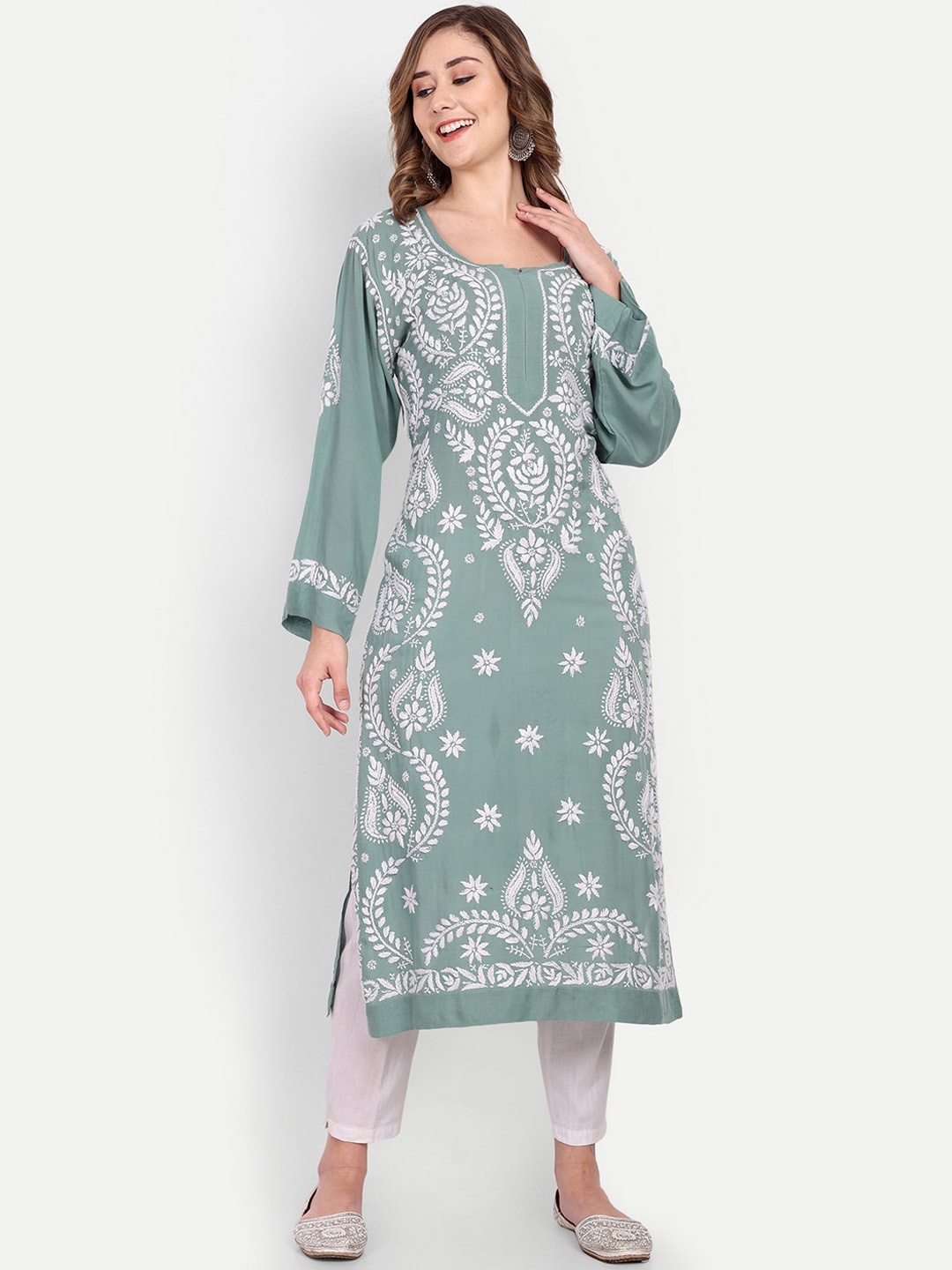 

Indiankala4u Ethnic Motifs Embroidered Chikankari Straight Kurta, Teal