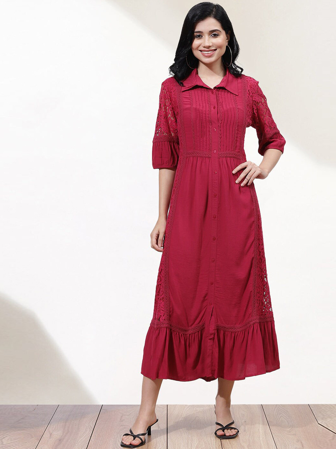 

Lakshita Self Design Bell Sleeves Lace Inserted Pleated Midi Shirt Dress, Fuchsia