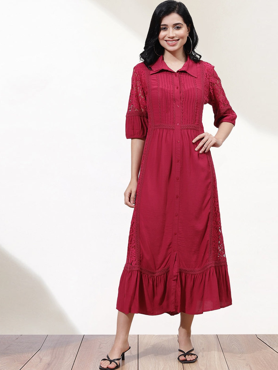 

Lakshita Plus Size Self Design Pleated Midi Shirt Dress, Fuchsia