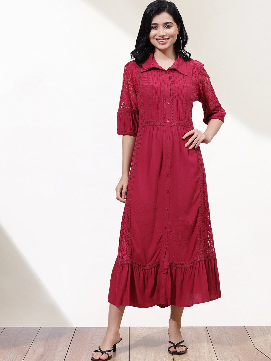 

Lakshita Plus Size Self Design Pleated Midi Shirt Dress, Fuchsia