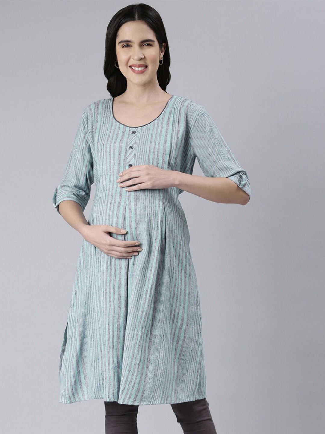 

GOLDSTROMS Striped Roll Up Sleeves Maternity Kurta, Sea green