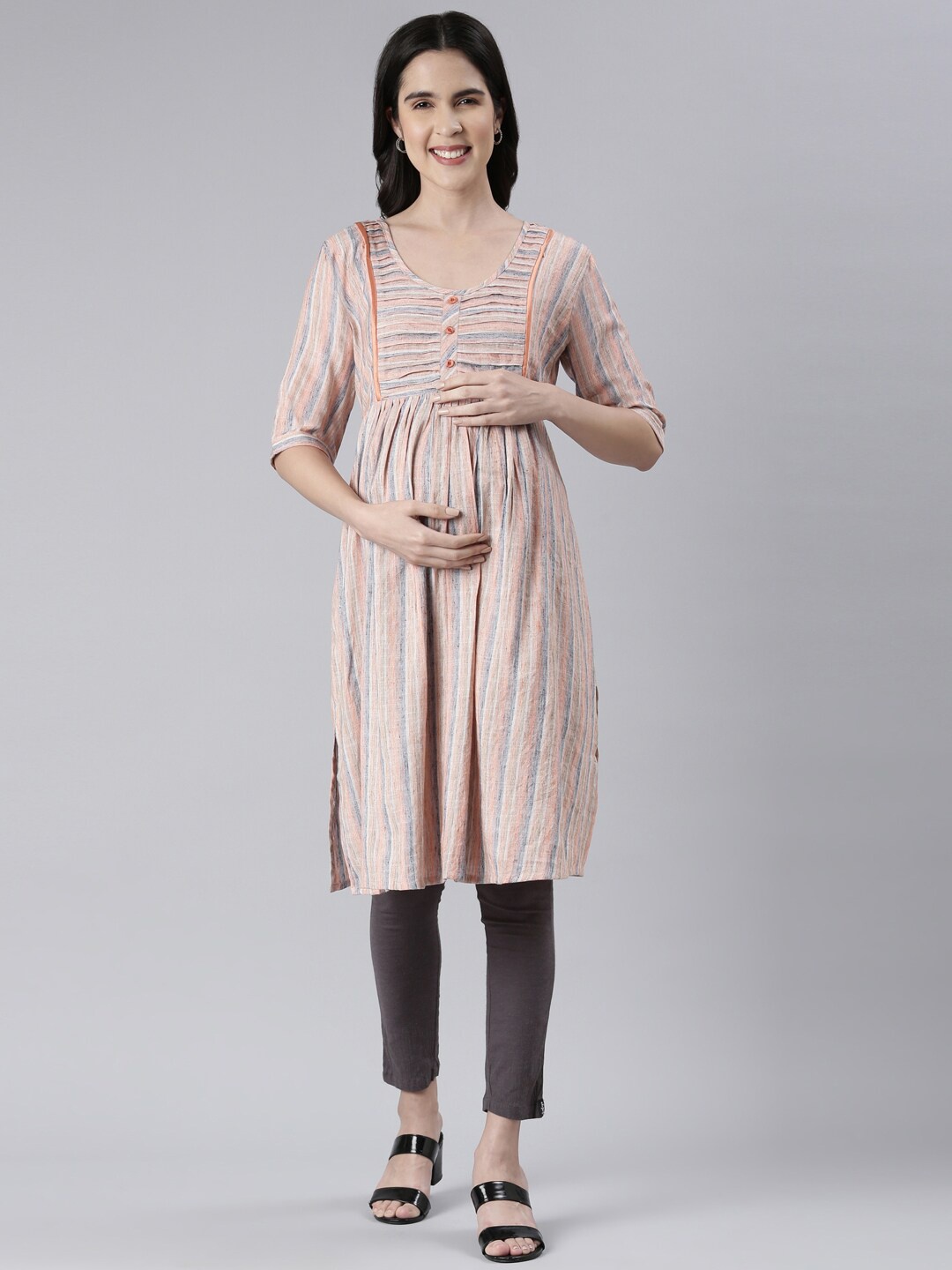 

GOLDSTROMS Striped Maternity A-Line Kurta, Peach