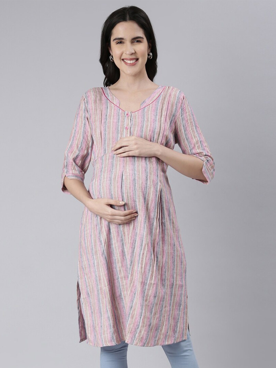 

GOLDSTROMS Striped Maternity A-Line Kurta, Pink