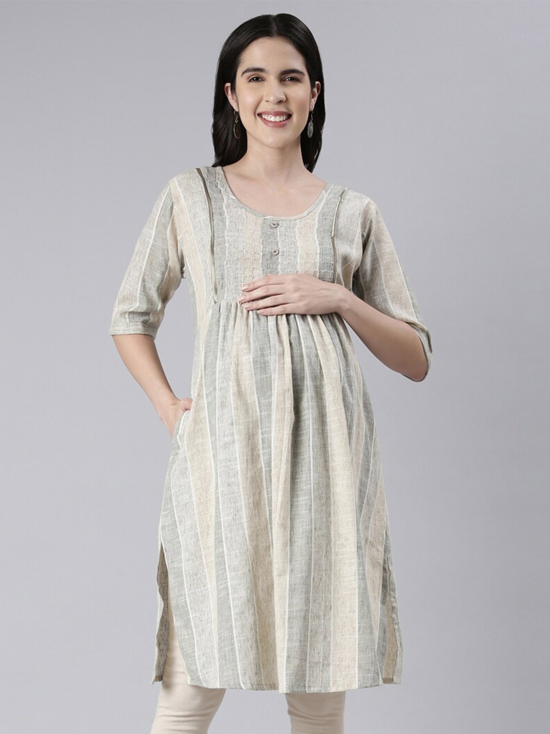 

GOLDSTROMS Striped Maternity A-Line Kurta, Grey