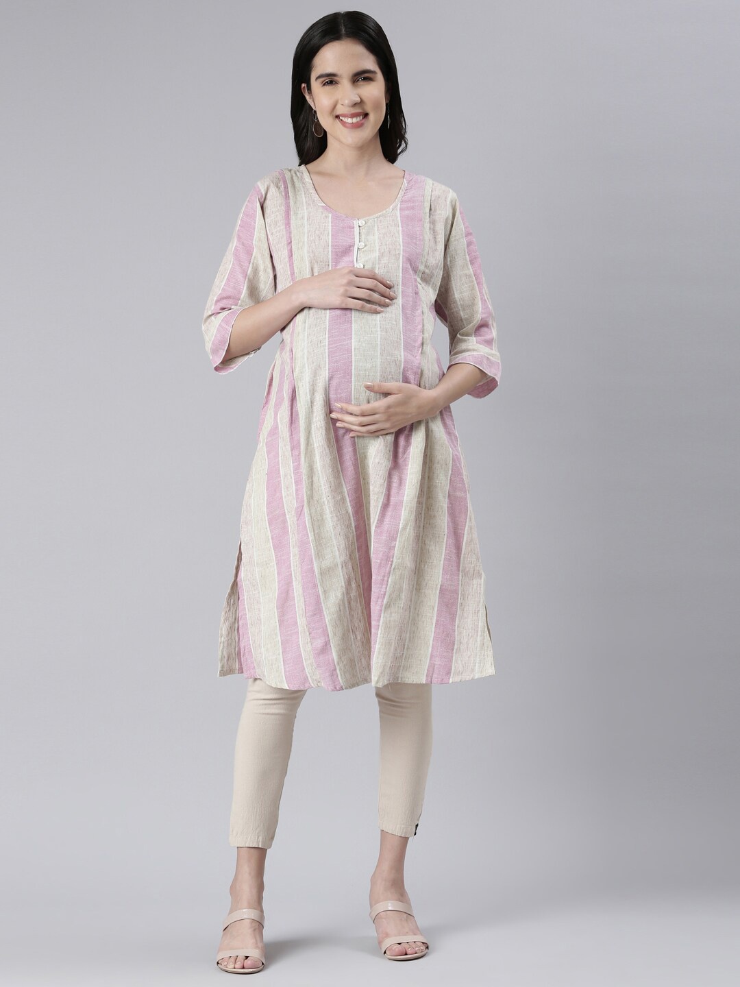 

GOLDSTROMS Striped Maternity A-Line Kurta, Pink