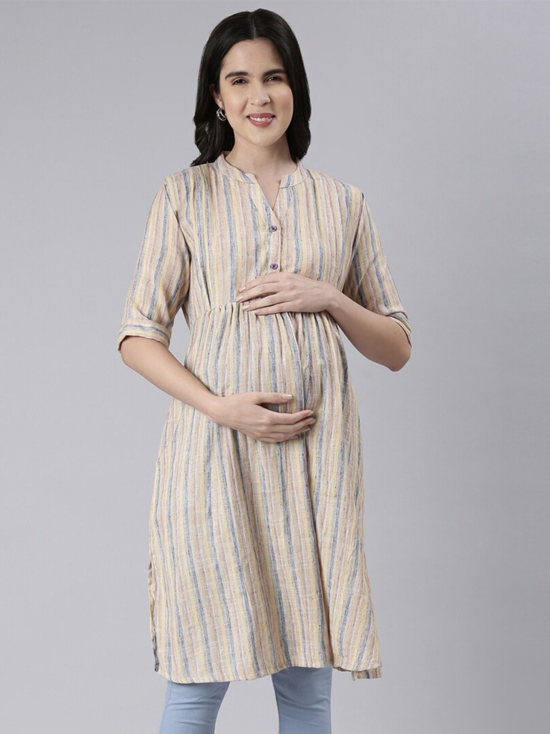 

GOLDSTROMS Striped Band Collar Maternity A-Line Kurta, Beige