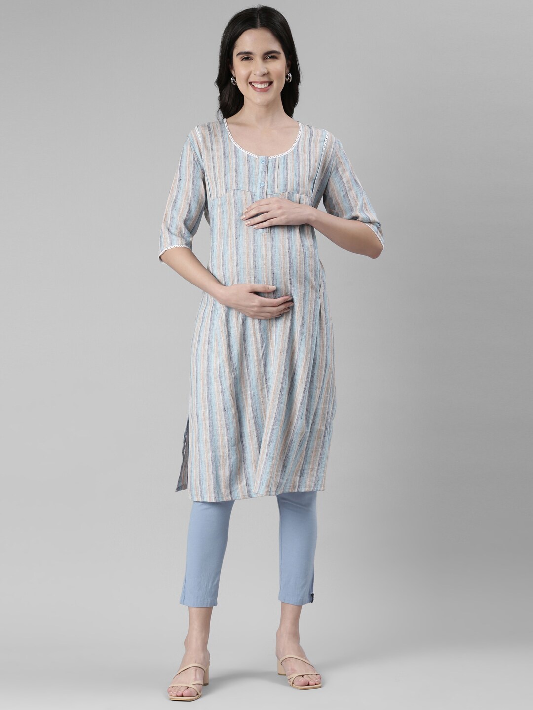 

GOLDSTROMS Maternity Striped Pleated A-Line Kurta, Blue