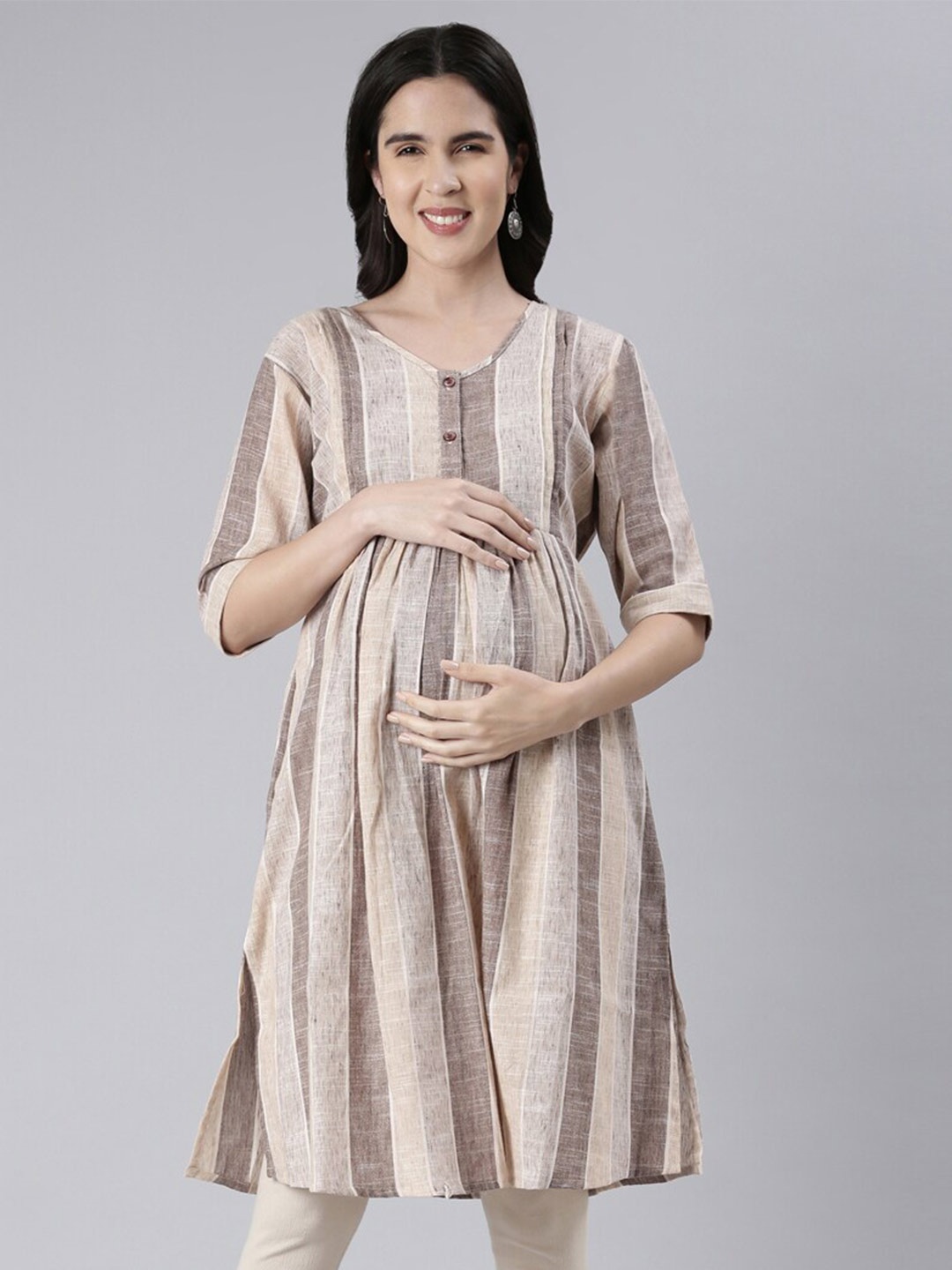 

GOLDSTROMS Striped V Neck Maternity A-Line Kurta, Brown