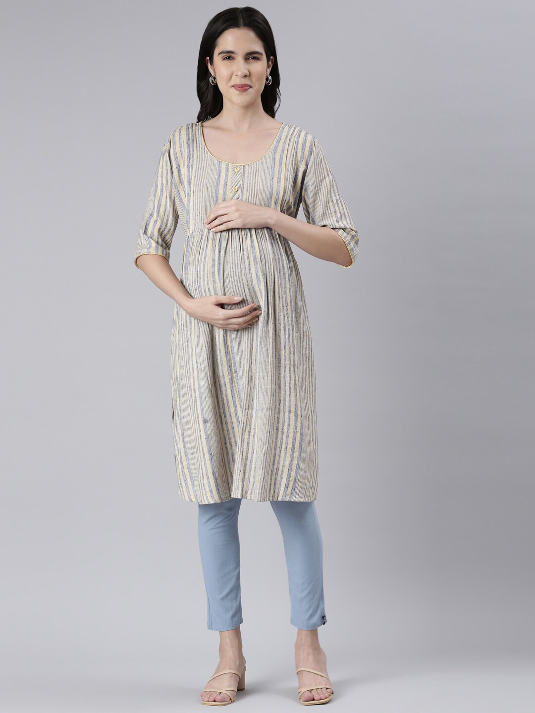 

GOLDSTROMS Striped Maternity A-Line Kurta, Yellow