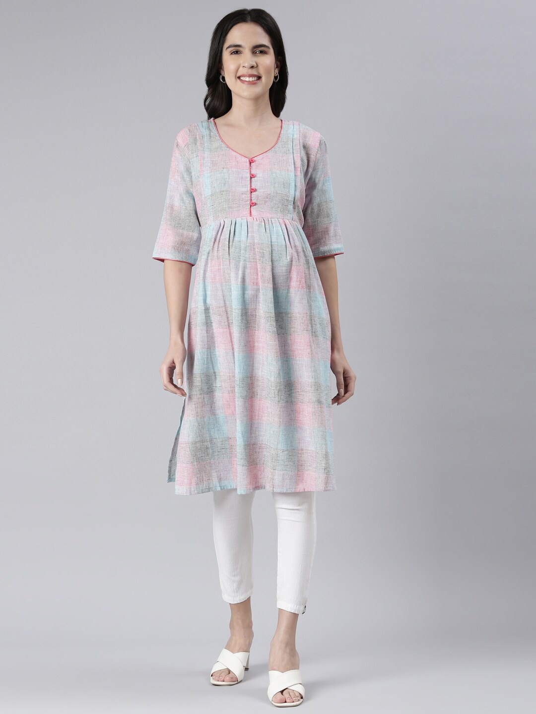 

GOLDSTROMS Checked Printed A-Line Maternity Kurta, Blue