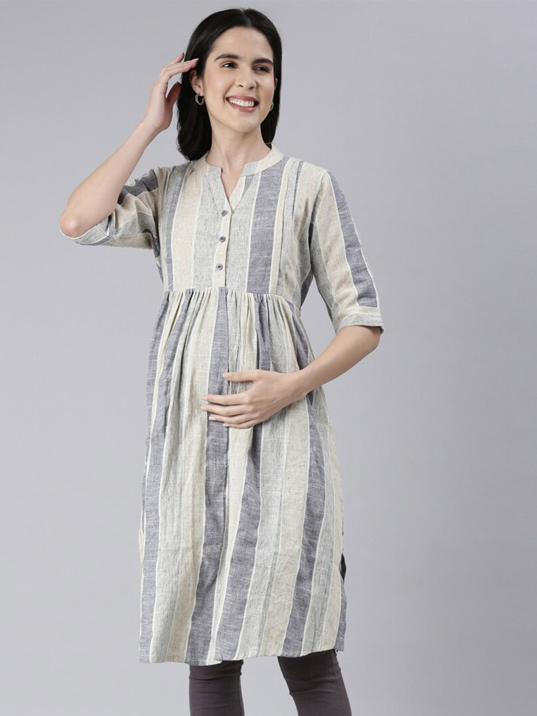 

GOLDSTROMS Striped Band Collar Maternity Kurta, Grey