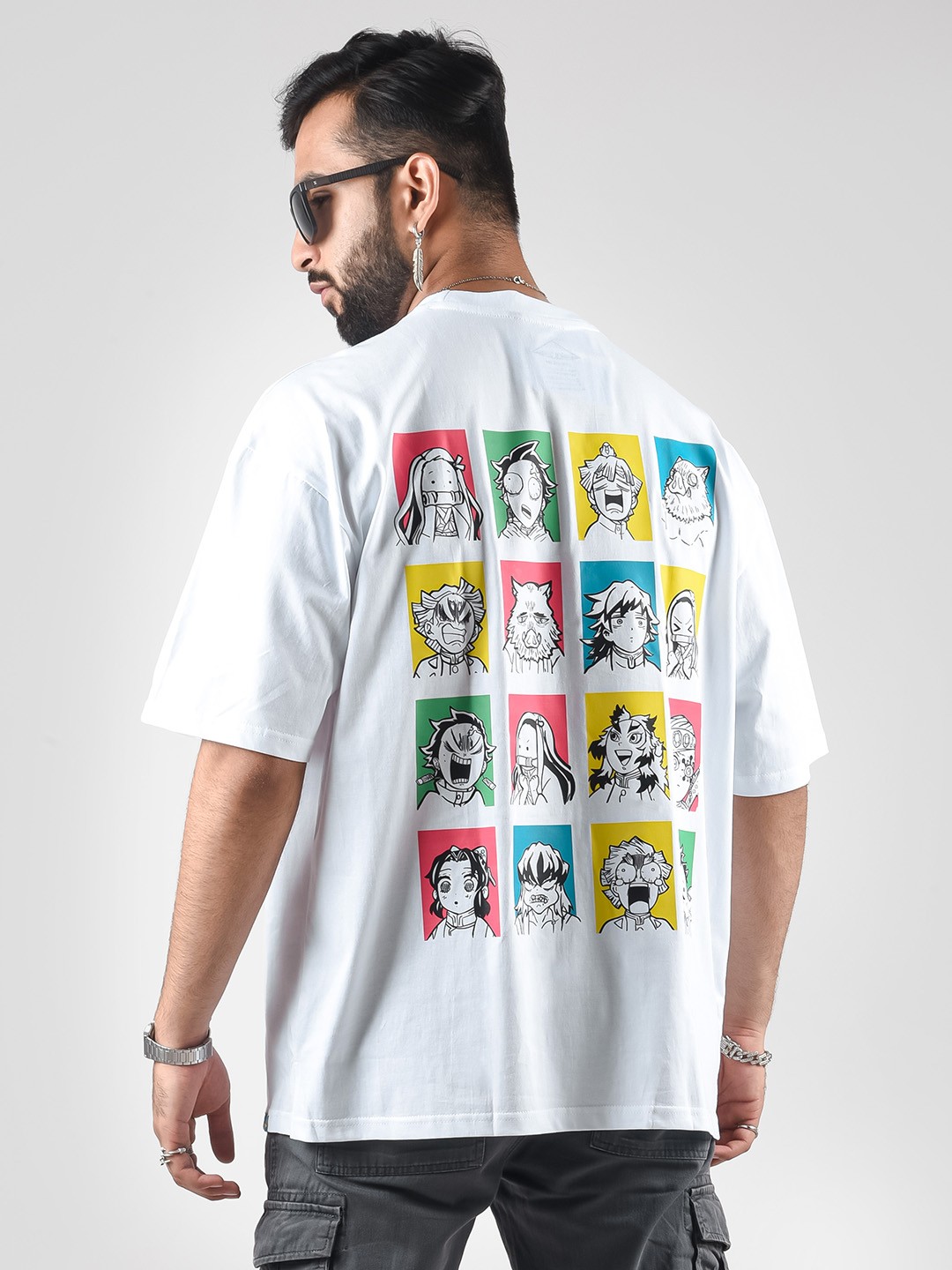 

COMICSENSE Men Anime Demon Slayer Printed Cotton Half Sleeve Oversized Tshirt, White