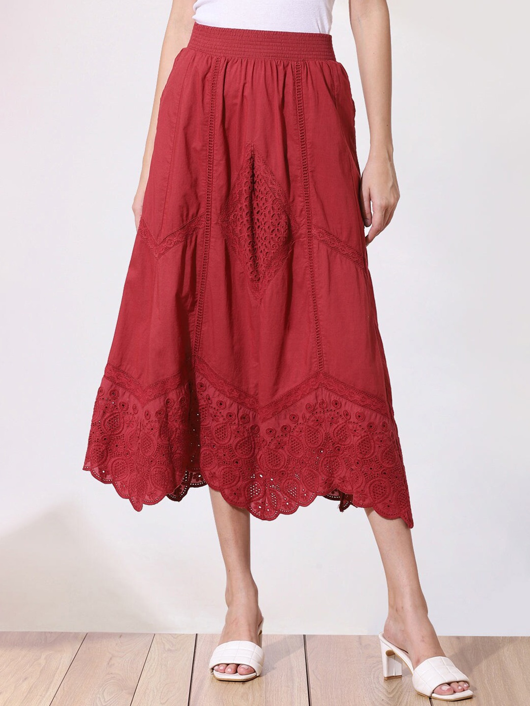 

Lakshita Self Design Schifili Cotton A Line Gathers Pure Cotton Knee Length Skirt, Maroon