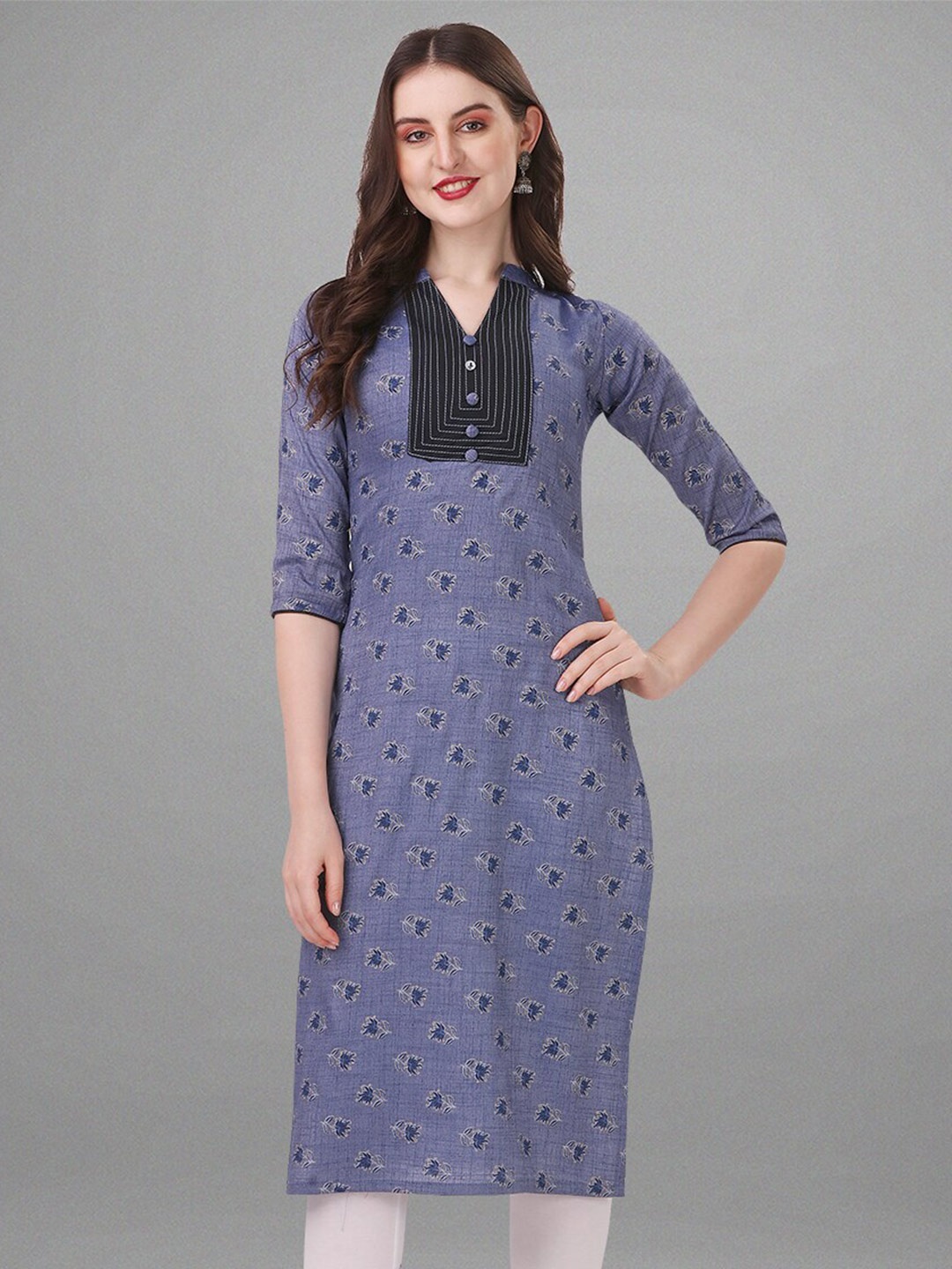 

MotiHamir Floral Printed Band Collar Thread Work Pure Cotton Kurta, Blue